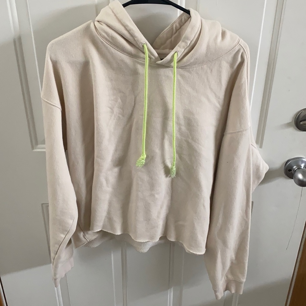 Beige Wild Fable cropped sweatshirt with frayed neon green/yellow strings